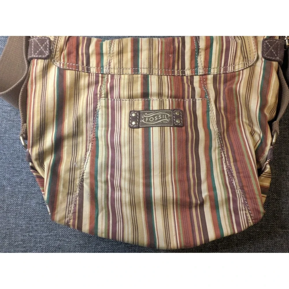 Vintage Fossil Crossbody Bag Multicolor Pockets Striped Boho Canvas Strap Purse